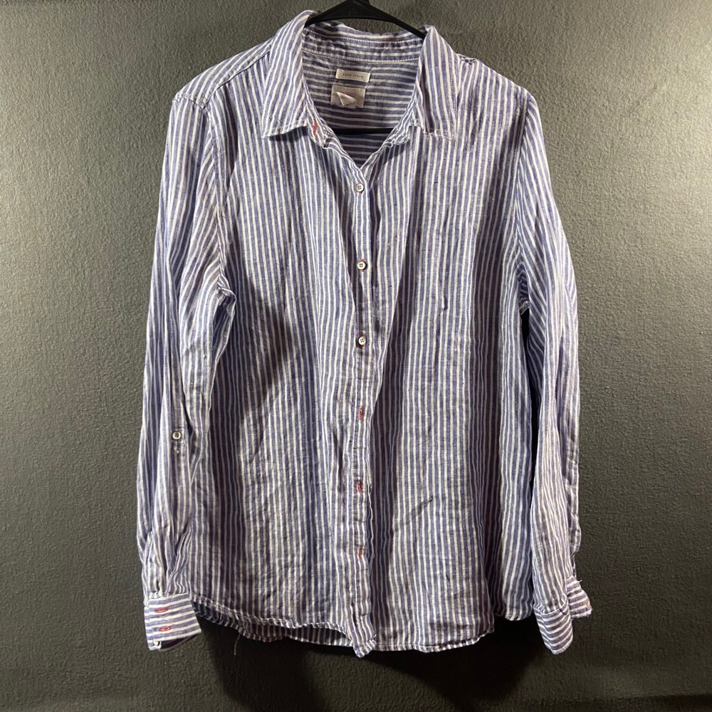 Sigrid Olsen linen top L Striped Blue nautical beach coastal parisian capsule